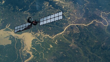 Satellite hovering over uncultivated region of planet earth globe with woods and rivers. NASA Public Domain Imagery © Marcin Janiec
