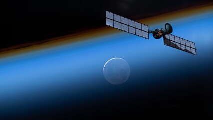 Satellite hovering over the moon at night illuminated by the blue glow of planet Earth. NASA Public Domain Imagery © Marcin Janiec