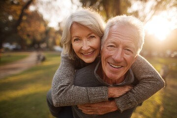 Fototapeta premium Joyful outdoor moment: an active senior couple sharing a playful piggyback ride in a sunlit park