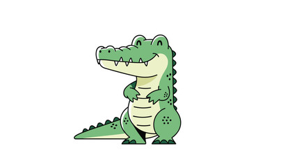 Fototapeta premium Cheerful cartoon crocodile with a friendly smile and green scales stands proudly against a plain white background for children's illustrations.