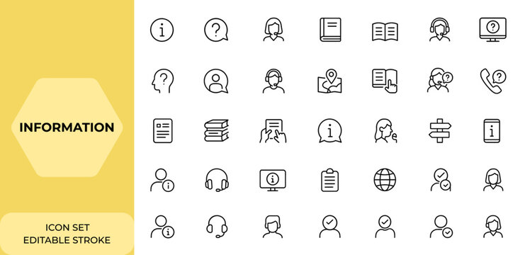 Line style web icons set featuring information, help desk, user manual, guidebook, instruction, reference, assistant, customer support for mobile and web apps, service, FAQ, tutorial, aid and more.
