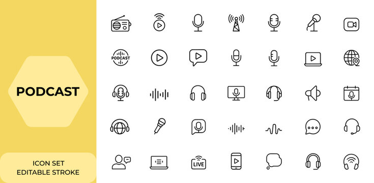Podcast web icon set in linear style: editable stroke collection of radio, webcast, microphone, broadcast, audio, headphones, channel, video, news icons, digital media, streaming, communication