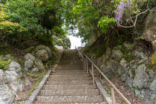 Steps leading up to a trail to an abandoned temple Shichimendo in Ine Bay fishing village Japan