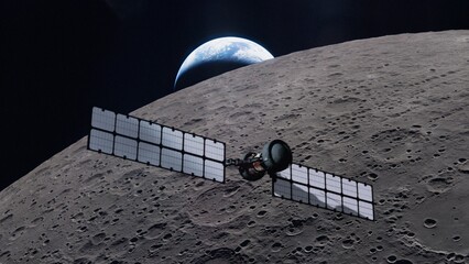 Satellite hovering closely over the rocky surface of the Earth's  moon at night. NASA Public Domain Imagery © Marcin Janiec