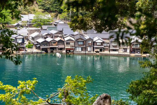 Beautiful view of traditional wooden fishing village houses on the Ine Bay, Kyoto Prefecture, Japan