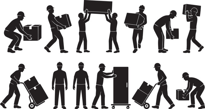 Collection of Silhouettes Illustrating Proper and Improper Lifting Techniques for Moving and Warehousing