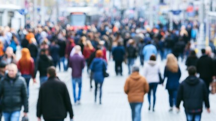 Fototapeta premium Busy crowd of people walking on city pedestrian street, blurry urban scene with movement and anonymity