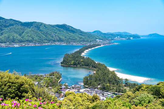 View from Amanohashidate Sandbar from Japan Amanohashidate view land on a sunny spring day
