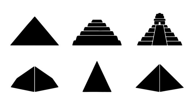 Ancient pyramid icons set, black silhouette vector of 6 Egyptian and Mayan temple monuments