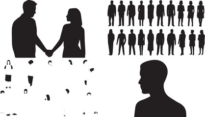 Black and white silhouettes vector set featuring a couple holding hands, a large crowd of people standing, a single man profile portrait, and abstract human figures for social concept design. © MdBabul