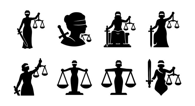 Lady Justice silhouette icon set, 8 legal law symbols, blindfolded goddess with scales and sword