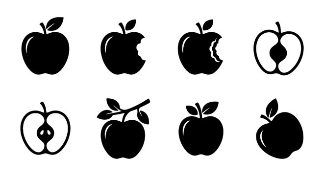 Minimalist apple icon set, black fruit silhouettes, bitten apple and sliced apple vector symbols