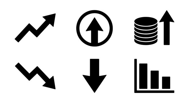 Financial growth icons set, business profit and loss symbols, 6 black vector arrow chart signs
