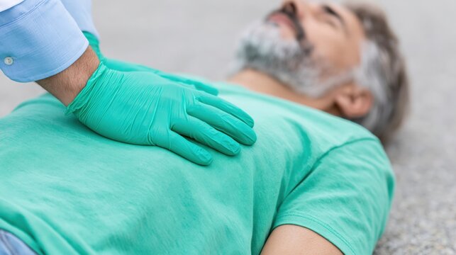 Rescuer applying chest compressions to man on ground