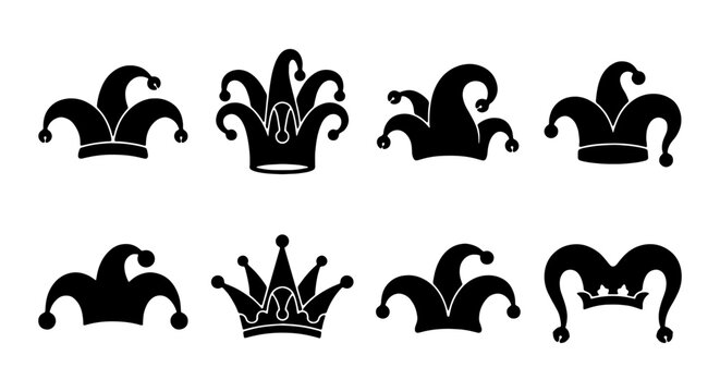 Jester hat silhouette icons, medieval fool cap vector set, black clown headwear illustrations