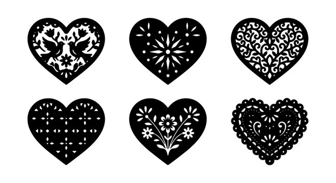 Decorative Heart Silhouettes, Intricate Folk Art Hearts, Black Ornate Love Symbols, 6 Vector Designs