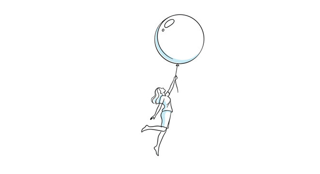 Simple and elegant line drawing shows a woman floating high in the sky while holding onto a large balloon for a sense of freedom and joy.