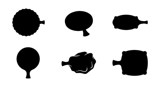 Black silhouette cutting boards, rustic kitchenware shapes, wooden serving platters vector set