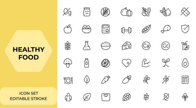 Healthy food linear icon collection with nutrition set of web icons in editable stroke style. Includes zero trans fat, probiotics, palm oil free, food, vegetables, water, count calories, and more.