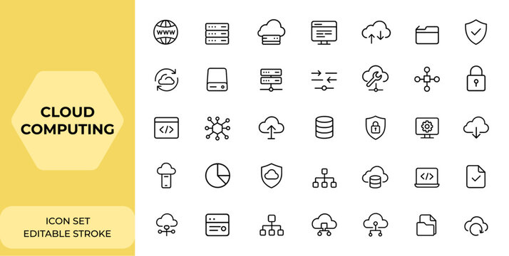 Cloud computing and web hosting icons set in thin line style for mobile and web apps. Includes domain, server, webspace, traffic, data exchange, website, hosting service, network and more.