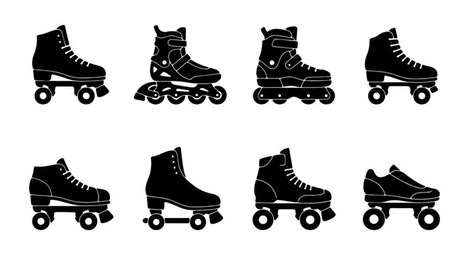 Roller Skates and Inline Skates Vector Icon Set, Classic Rollerblades, Skating Footwear Collection