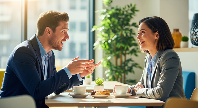 Friendly businessman and businesswoman discussing ideas during a coffee meeting, perfect for corporate teamwork concepts