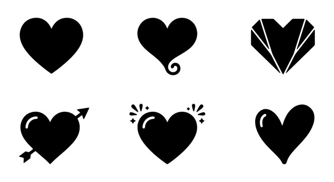 Black Heart Icon Set, Romantic Love Symbol Collection, Valentine's Day Vector Graphics