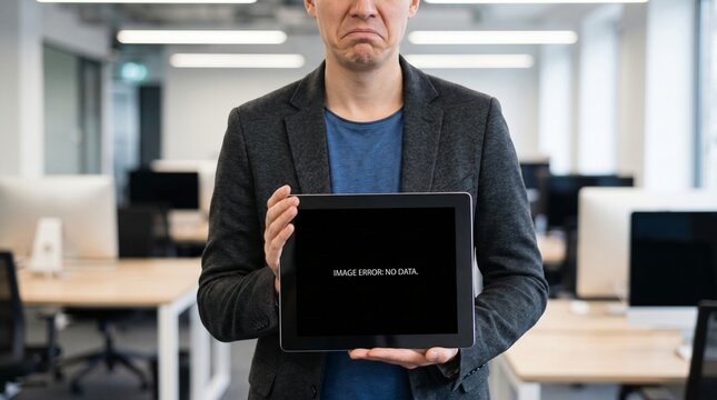 Disappointed businessman holding tablet computer in modern office setting