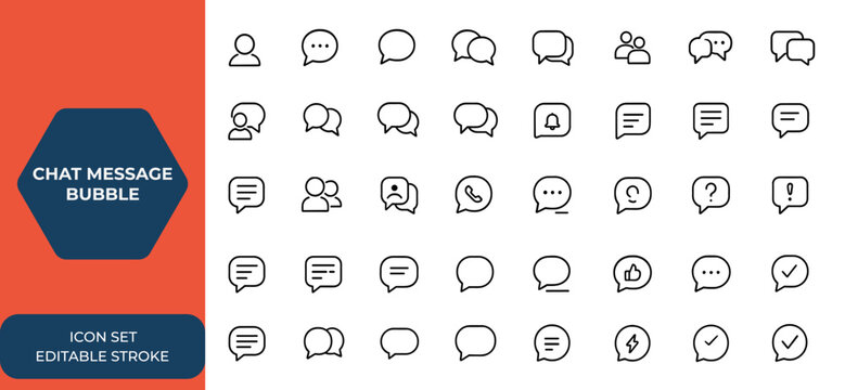 Chat message bubble icon set vector. Online communication, talk bubbles, dialog, group chat, conversation, SMS, notification, web icons, chatting icons in various styles, and more.