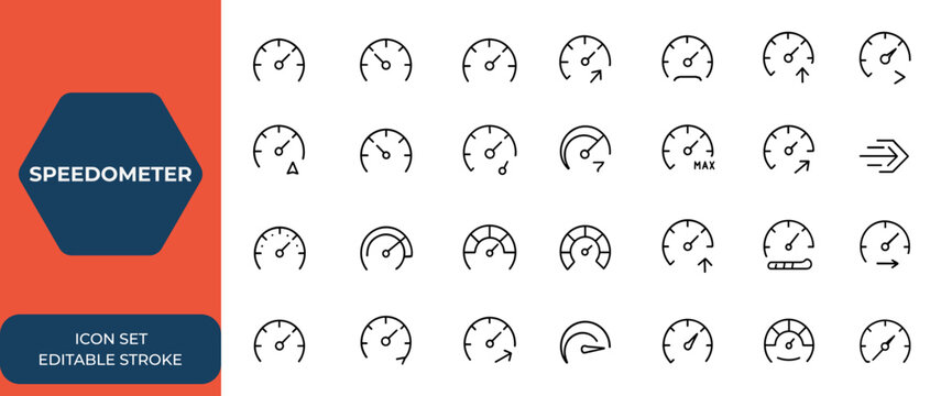 Speedometer icons set with speed signs, fast speed indicators, dashboard gauge, tachometer scale, internet speed meter, credit score indicator, risk level meter, arrows showing speed and more.