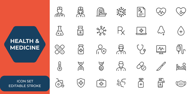 Health and medicine line icons set for web and mobile apps. Medical care symbols including doctor, emergency, prescription, lab, MRI, virus, RX, equipment, healthcare, treatment and more.