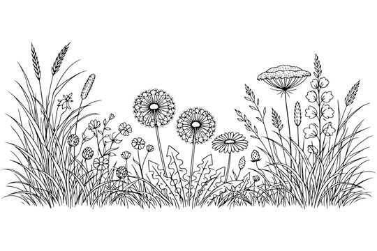 CAD Style Wild Grass and Dandelion Line Art Illustration