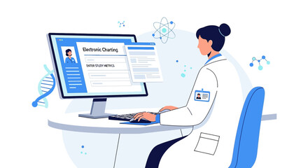 Fototapeta premium Doctor Using Computer for Electronic Charting and Medical Data Analysis in Modern Clinic