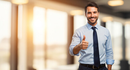 Fototapeta premium Confident male executive giving a thumbs up in a sunny office corridor, perfect for professional achievement and success concepts