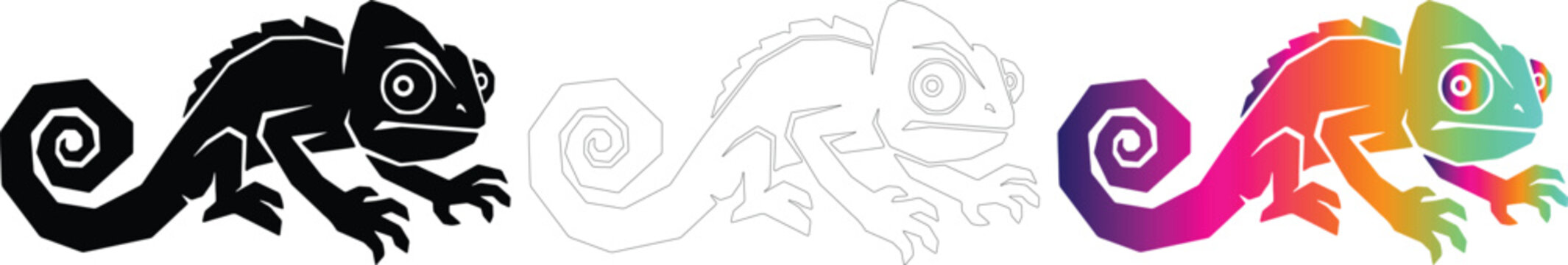 Chameleon vector silhouette set with black, outline, and colorful rainbow gradient icons