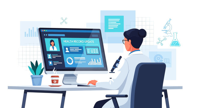 Doctor using computer for health record updates and telemedicine consultation in modern office