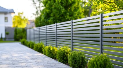 Fototapeta premium Gray metal fence with horizontal slats defining a property boundary, green bushes lining a paved path, residential area