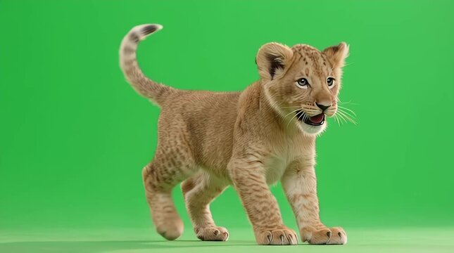 A cute, playful lion cub with a fluffy tail walks confidently on a green screen background, looking directly at the viewer