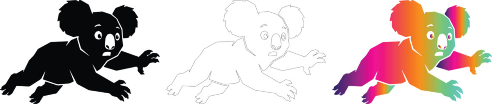 Cute koala bear vector set with silhouette outline and rainbow gradient transparent background