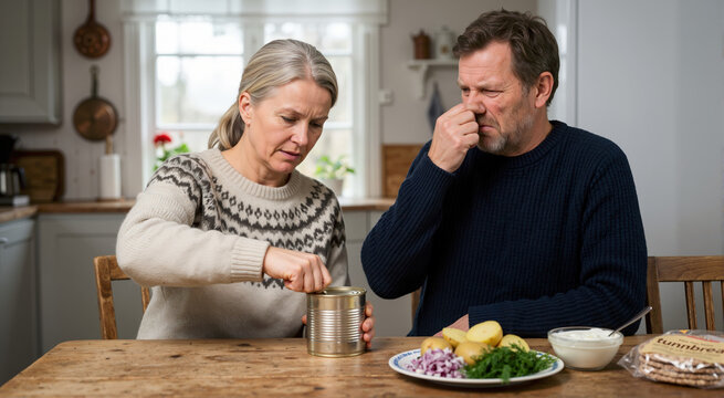 Couple opening a can of surstromming at a kitchen table. Traditional Swedish fermented fish