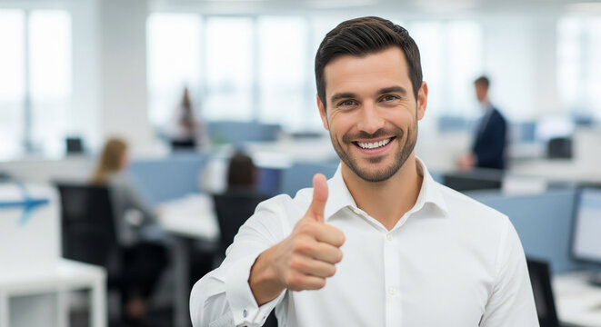 Enthusiastic businessman giving a thumbs up gesture in a modern office environment, perfect for positive corporate concepts