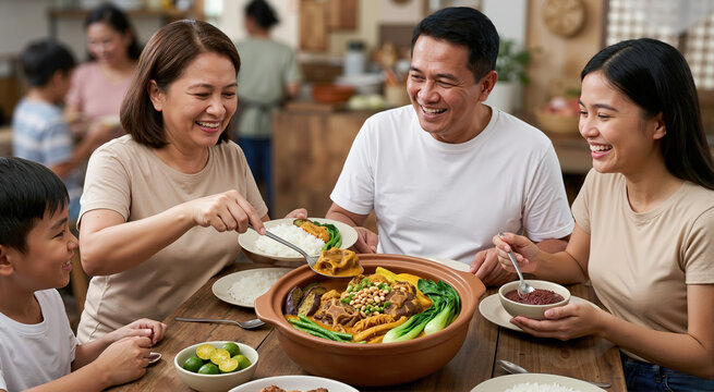 Filipino family sharing a meal of kare-kare in a home kitchen. Happy parents and children eating traditional stew