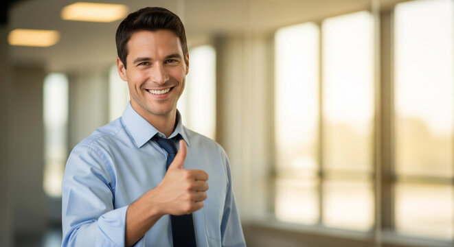 Cheerful young businessman showing thumbs up in a sunlit office corridor, perfect for successful career and approval concepts