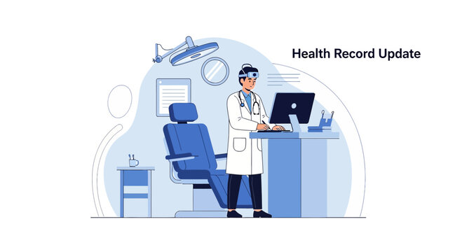 Doctor Updating Health Record on Computer in Modern Clinic