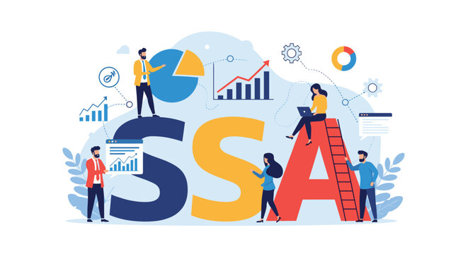 Social security administration concept shows people working together around large SSA letters with financial data charts.