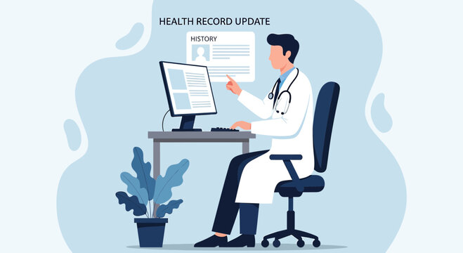 Doctor Updating Health Record on Computer, Medical Technology Concept