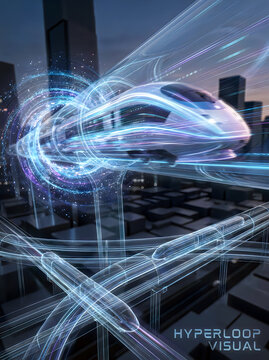 Advanced hyperloop concept train traveling through illuminated city tubes.