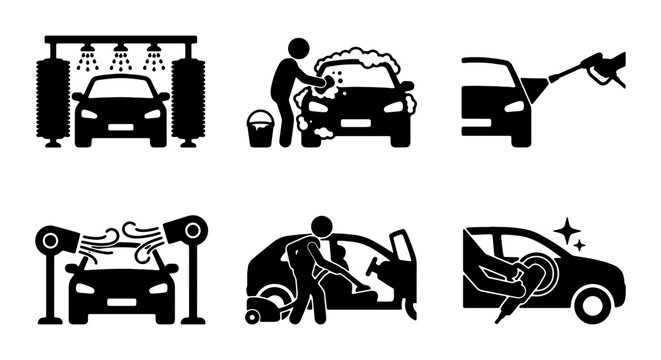 Car wash icon set, auto detailing service symbols, vehicle cleaning vector collection