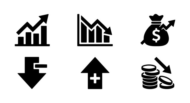 Financial growth icons, 6 business graph vector set, money profit and loss symbols