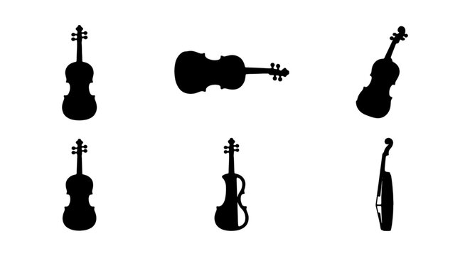 Violin silhouette set, 6 musical instrument icons, black cello and fiddle vector shapes